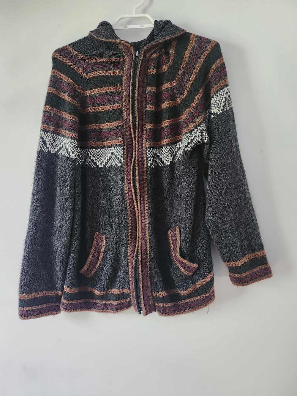 🧶 Hand-Knit Alpaca Wool Aztec-Inspired Hooded Cardigan | one-of-a-kind